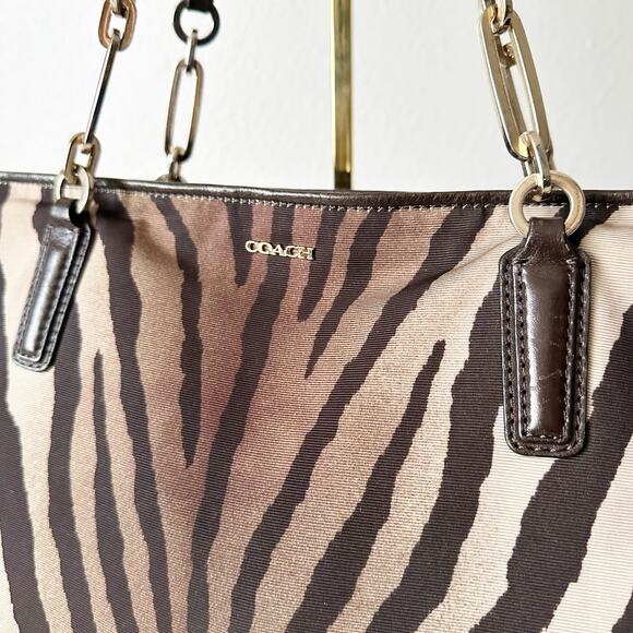 Coach Madison East West Tote With Zebra Print Brown/Tan Zip Top Shoulder Bag - Picture 3 of 16
